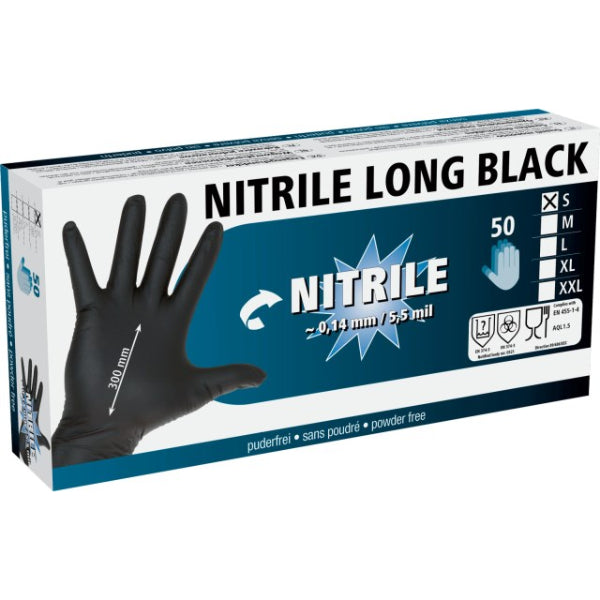 Nitrilhandschoenen 5,5 mil - 30 cm zwart - latex- en poedervrij - 50 stuks - S > XL